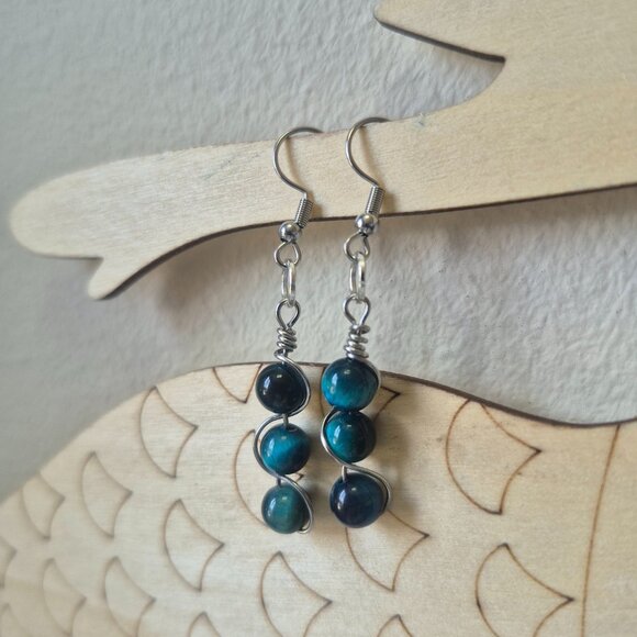 Wire-Wrapped Blue Tiger's Eye Dangle Earrings | Handmade - Picture 4 of 6